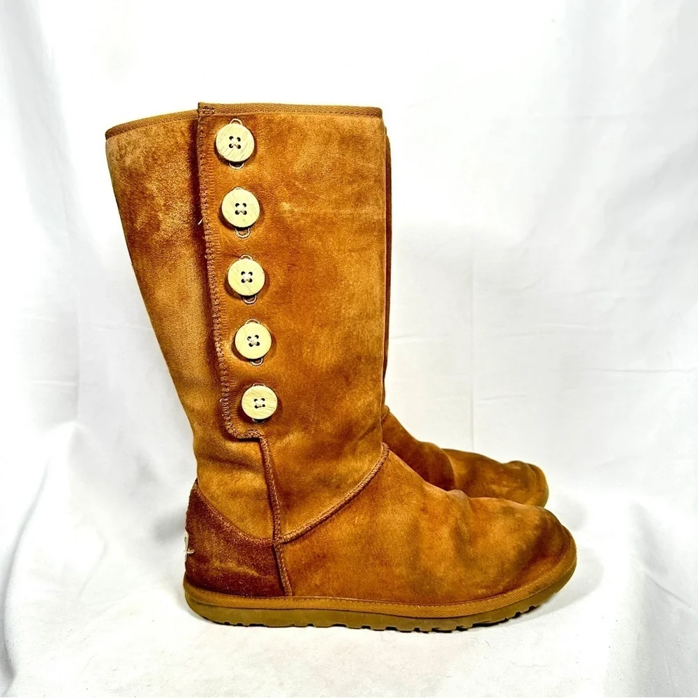 UGG Australia Lo Pro 5 Button Tall Suede Boots Tan Size 7